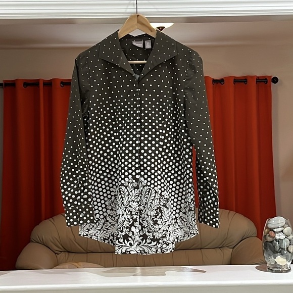 Chico’s Brown White Polka Dot Long Sleeve Button Up Chico’s Size 0 = US Size S - Picture 1 of 7